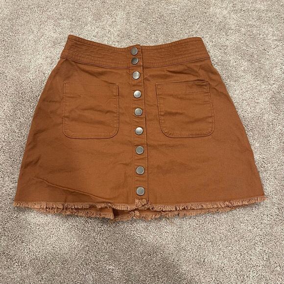 Madewell Women's Brown Denim Mini Skirt Buttons Pockets Size 0‎ - Picture 1 of 7